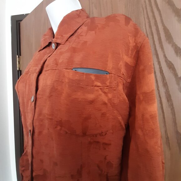 Chico's Design Silk Linen Brown Two Pocket Blouse Size 3 XL Abstract Pattern - Picture 3 of 6